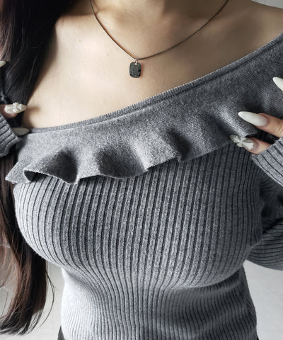 ワンショルフリルタイトリブニットトップス ／ one-shoulder frill tight rib knit tops