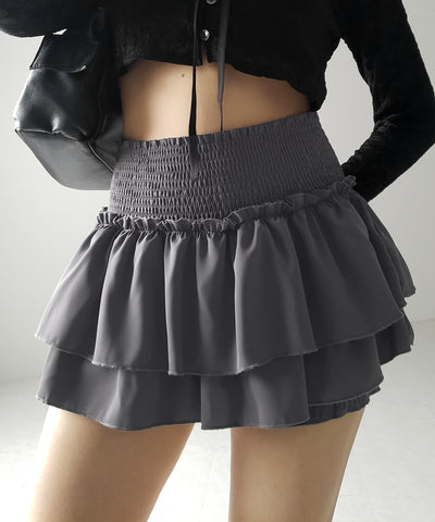 【 ３color ／ ３size 】２段フリルシャーリングミニスカパン ／ double frill shirring mini skirt pants