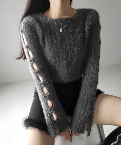 【 ３color 】カットアウトスリットスリーブショートシャギーニット ／ cutout slit sleeve short shaggy knit
