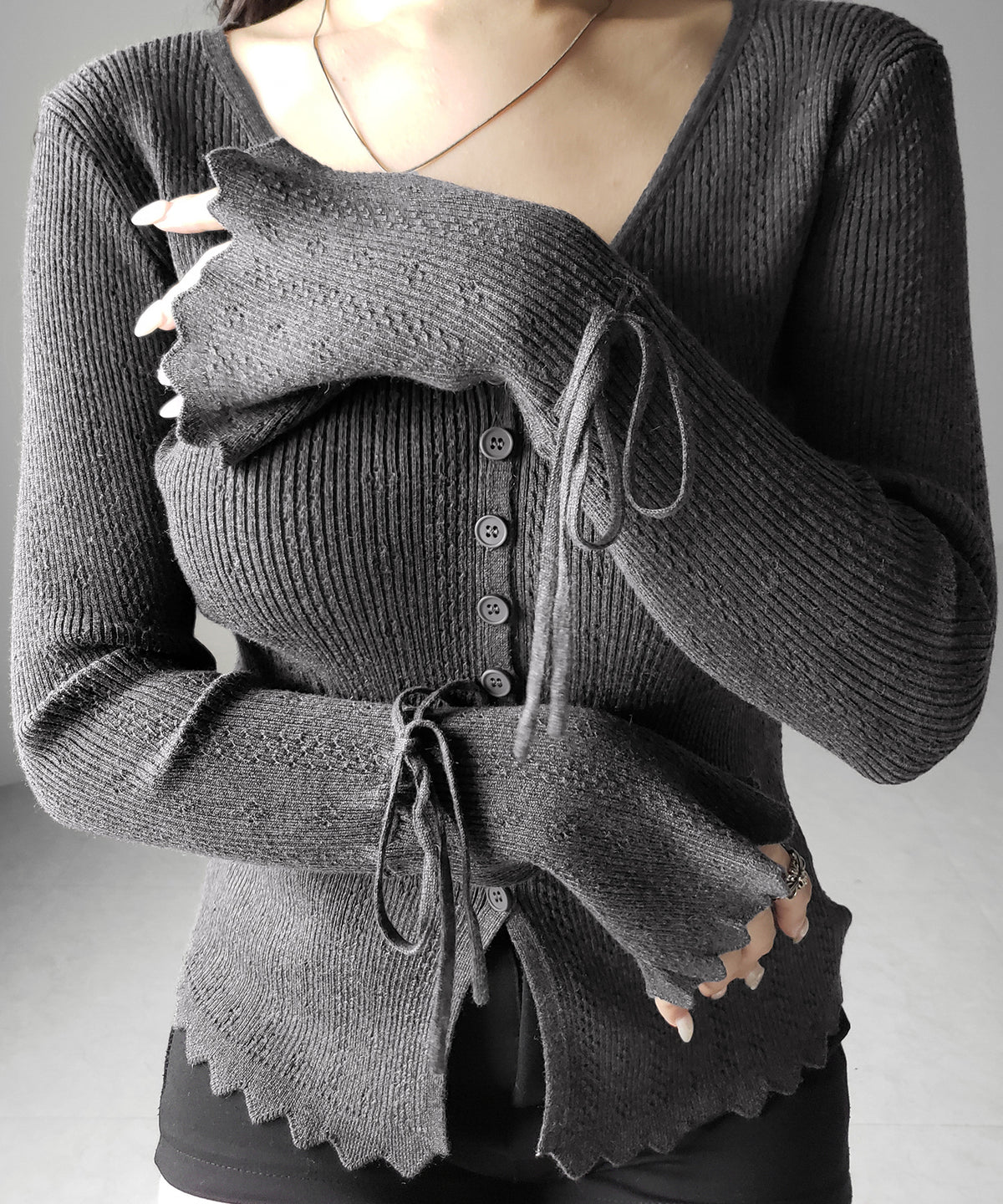 フレアリボンスリーブ透かし編みニットカーディガン ／ flare ribbon sleeve openwork knit cardigan
