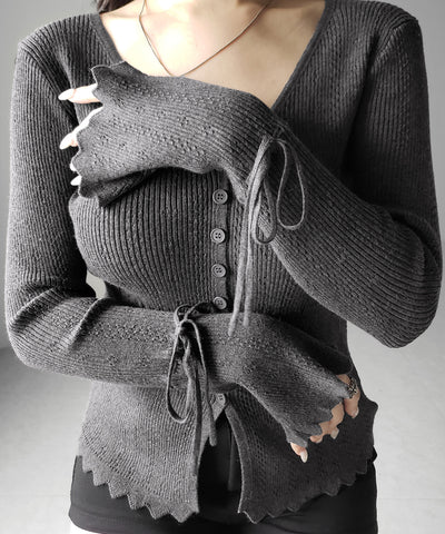 フレアリボンスリーブ透かし編みニットカーディガン ／ flare ribbon sleeve openwork knit cardigan