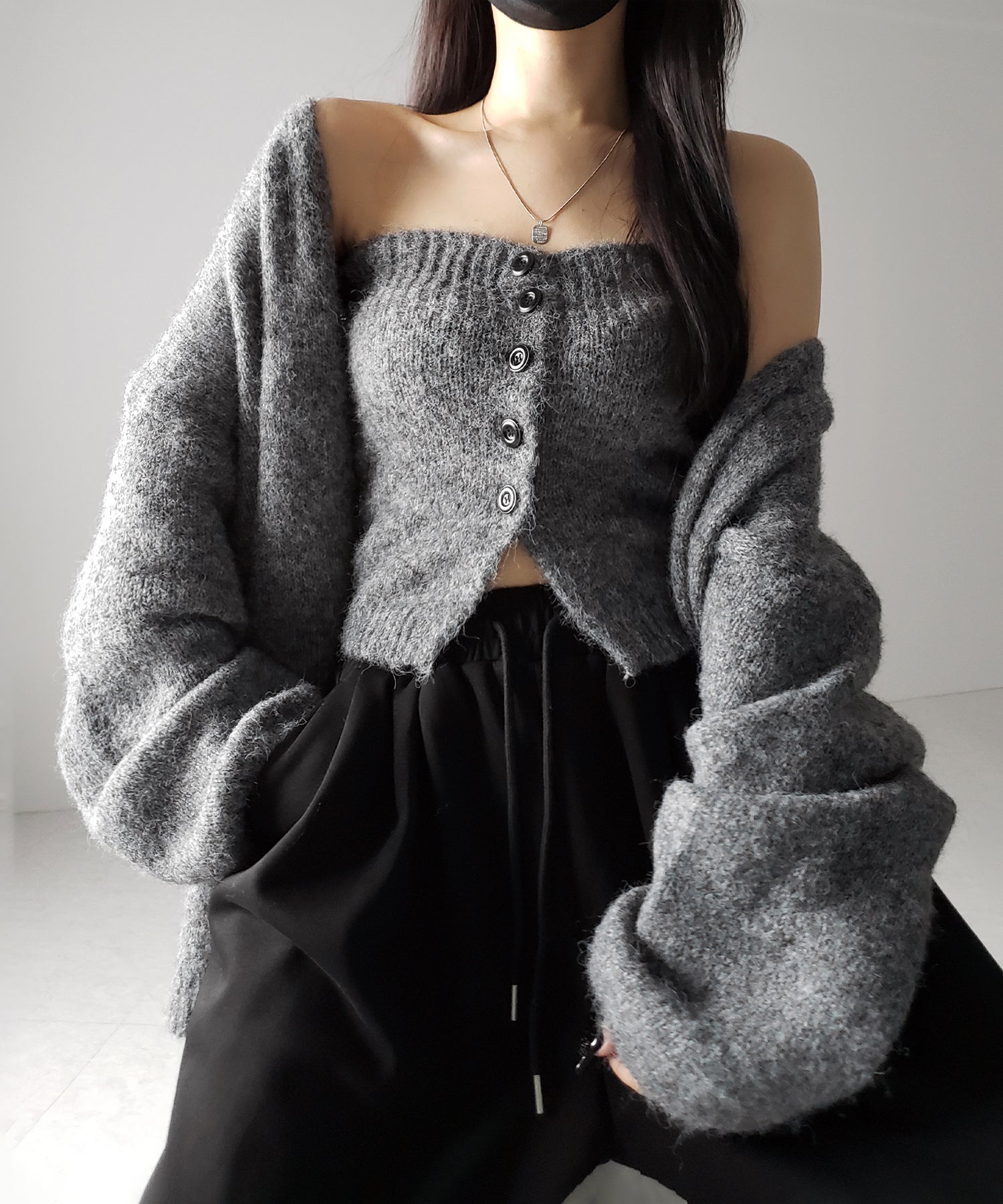 【 ２点セット 】ニットボタンビスチェ ＋ロングカーディガンセット ／ knit button bustier + long cardigan set