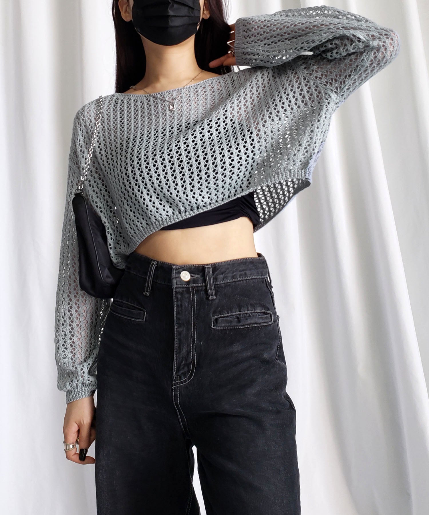 【 ７color 】ショート丈メッシュクロシェ透かし編みニット