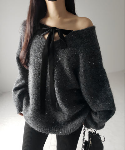 【 ２WAY 】ベロアリボンスパングルオーバーニット ／ velor ribbon spangle over knit