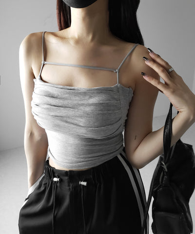 【 カップ付き／２WAY 】ラインストラップタックショートキャミソール ／ line strap tuck short camisole