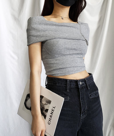 【 ２WAY 】ジップワイドリブショートTシャツ【 韓国製 】