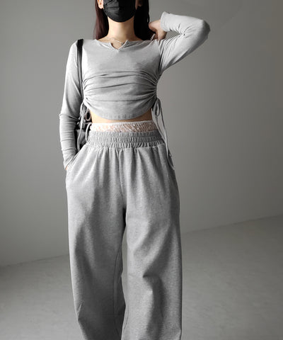 【 ２color 】ウエストレースドッキングワイドスウェットパンツ／ waist lace docking wide sweat pants