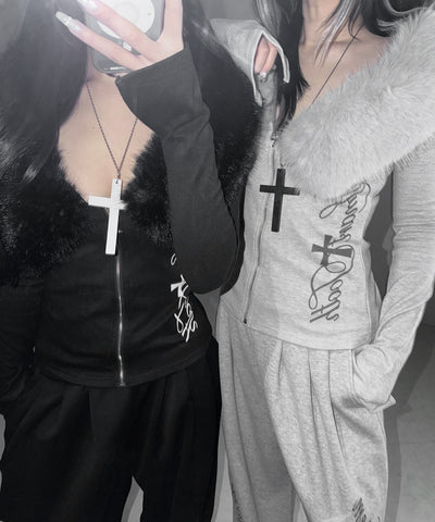 ファー襟クロスロゴジップアップリブカーディガン ／ fur collar cross logo zipup rib cardigan