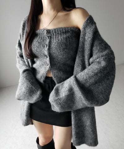 【 ２点セット 】ニットボタンビスチェ ＋ロングカーディガンセット ／ knit button bustier + long cardigan set