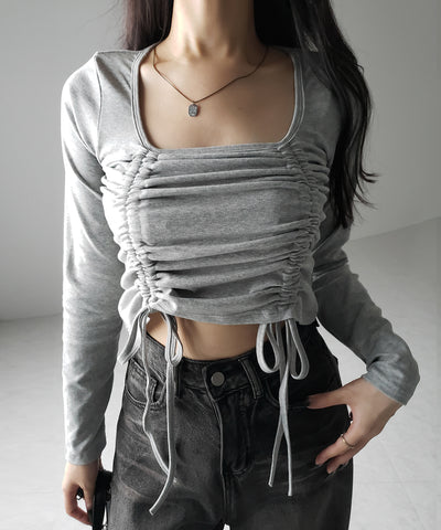 【 ３color 】 ダブルシャーリングリボンスクエアネックトップス ／ double shirring ribbon square neck tops