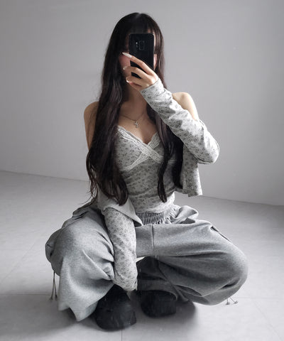【 ２点セット 】小花柄レースキャミソール ＋ カーディガン SET ／ （ 2piece SET ）Floral lace camisole + cardigan SET