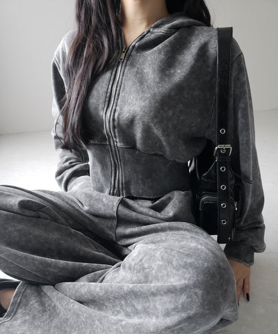 【 セットアップ 】ピグメントヴィンテージショートパーカー ＋ ワイドパンツ SET ／ pigment vintage short hoodie + wide pants SET