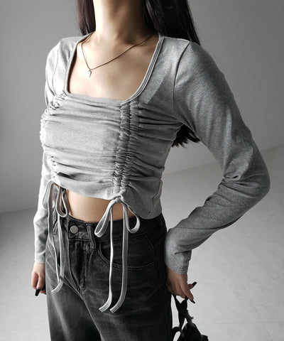 【 ３color 】 ダブルシャーリングリボンスクエアネックトップス ／ double shirring ribbon square neck tops