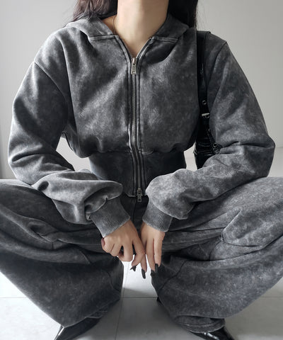 【 セットアップ 】ピグメントヴィンテージショートパーカー ＋ ワイドパンツ SET ／ pigment vintage short hoodie + wide pants SET