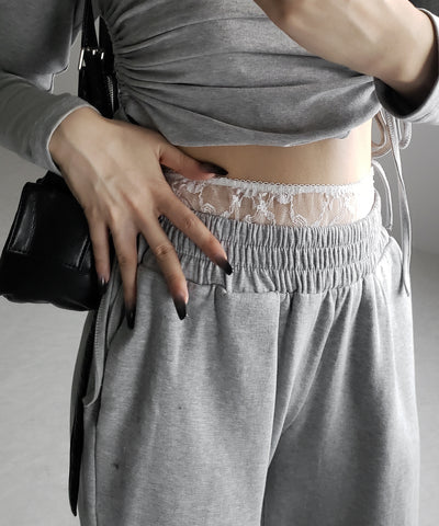 【 ２color 】ウエストレースドッキングワイドスウェットパンツ／ waist lace docking wide sweat pants