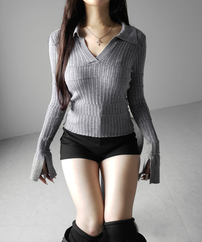 スキッパーネックスリムリブニットトップス ／ skipper neck slim rib knit tops