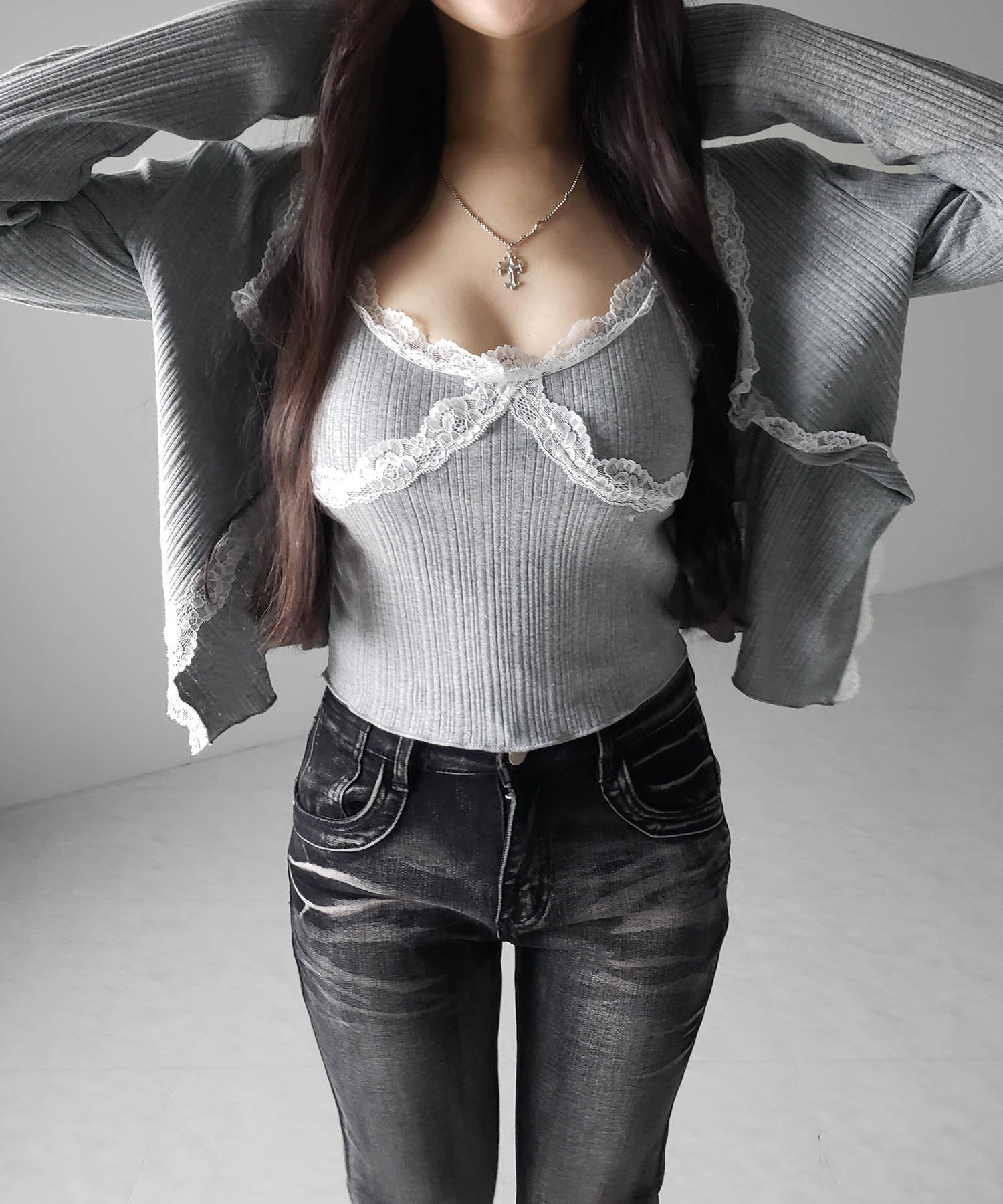 【 ２点セット 】レースドッキングリブキャミソール ＋ カーディガンセット ／ lace docking lib camisole + cardigan SET