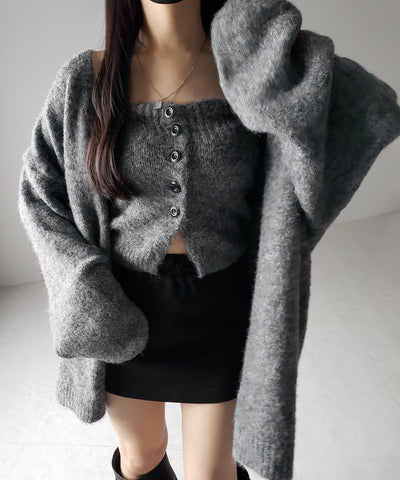 【 ２点セット 】ニットボタンビスチェ ＋ロングカーディガンセット ／ knit button bustier + long cardigan set