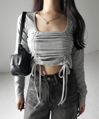 【 ３color 】 ダブルシャーリングリボンスクエアネックトップス ／ double shirring ribbon square neck tops