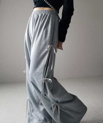 【 ２color 】３ストラップサイドリボンワイドスウェットパンツ／ three strap side ribbon wide sweat pants