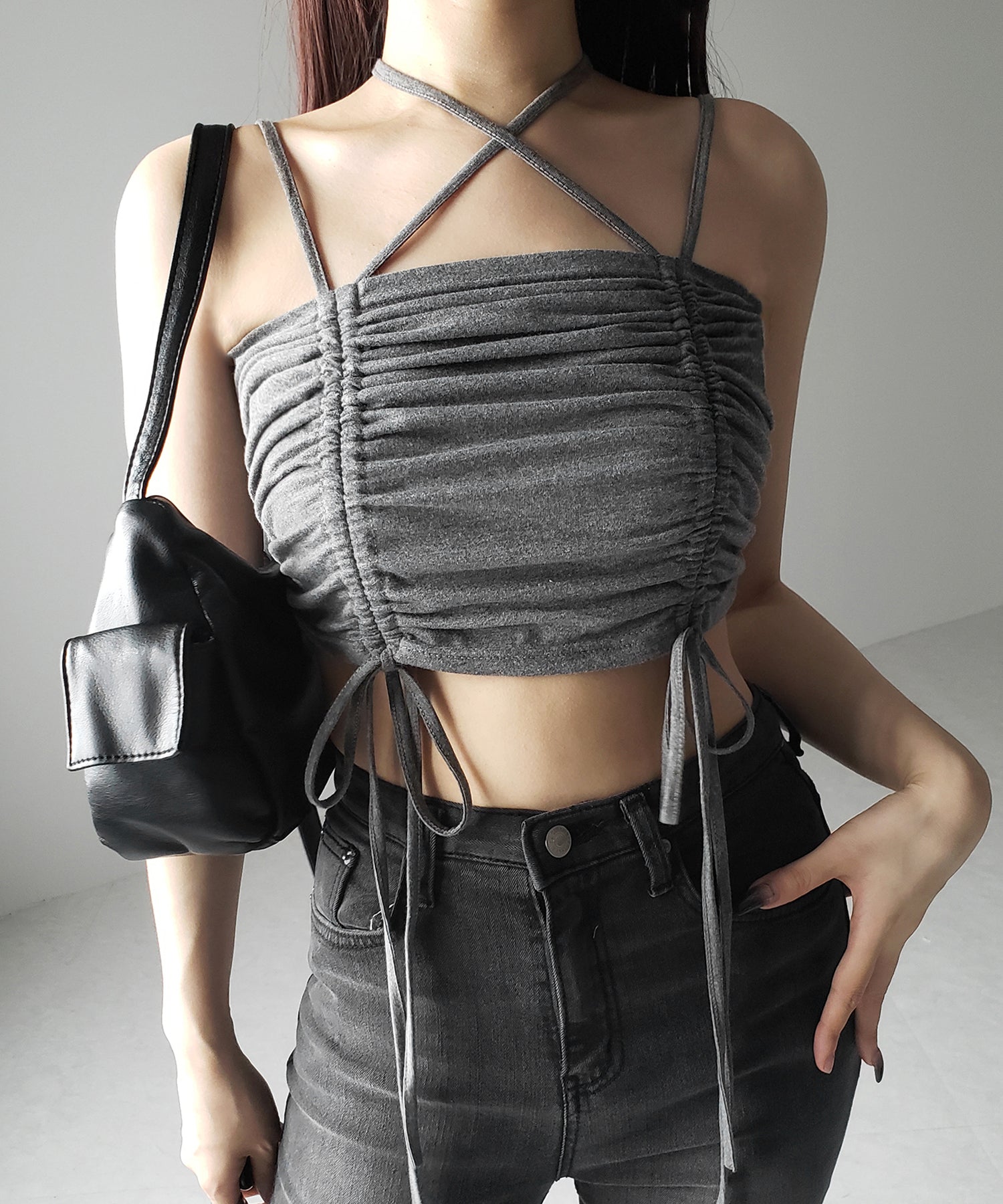 【 ３color 】３WAYクロスストラップリボンシャーリングショートキャミソール ／ 3WAY cross strap ribbon shirring short camisole
