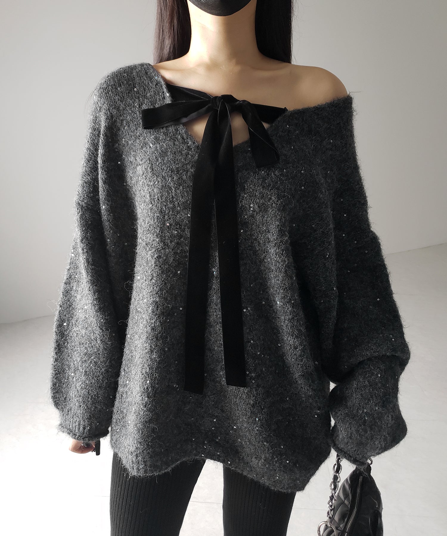 【 ２WAY 】ベロアリボンスパングルオーバーニット ／ velor ribbon spangle over knit