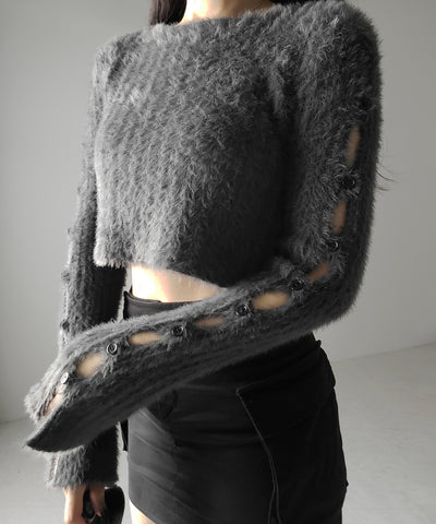 【 ３color 】カットアウトスリットスリーブショートシャギーニット ／ cutout slit sleeve short shaggy knit