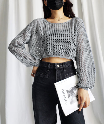 【 ７color 】ショート丈メッシュクロシェ透かし編みニット