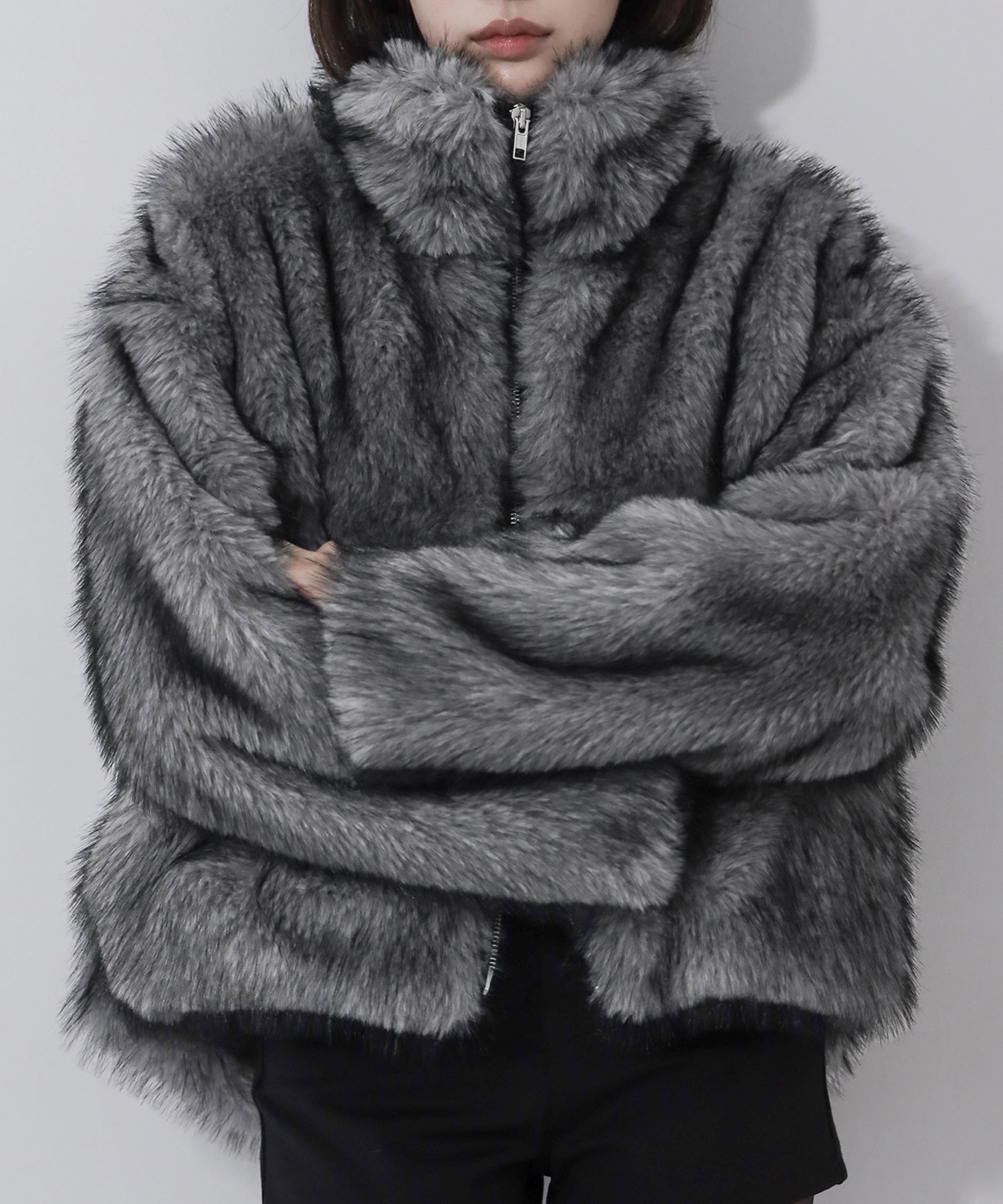 ダブルジップスタンドカラーミックスファージャケット ／ double zip stand collar mix fur jacket
