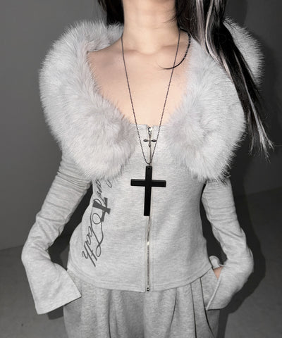 ファー襟クロスロゴジップアップリブカーディガン ／ fur collar cross logo zipup rib cardigan