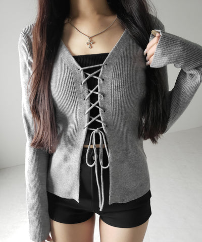 【 ３color 】レースアップリボンリブニットカーディガン ／ lace up ribbon rib knit cardigan