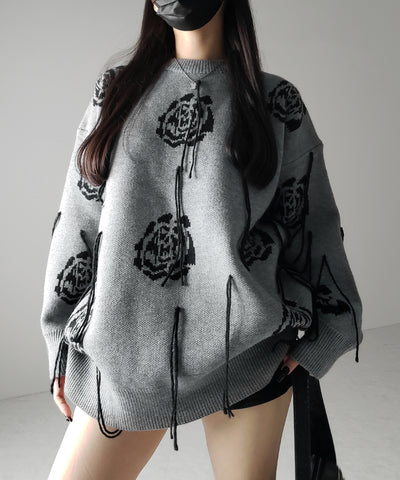 バラジャガードフリンジビッグシルエットニット ／ rose jacquard fringe big silhouette knit
