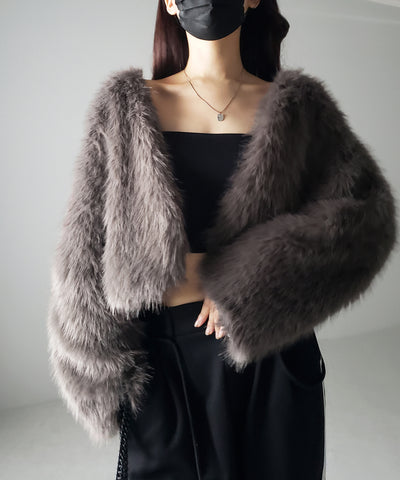 【 ５COLOR 】ノーカラーショートフェイクファーコート
