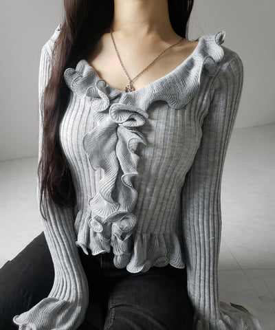 シアーフリル長袖リブニットカーディガン ／ sheer frill long-sleeve ribbed knit cardigan