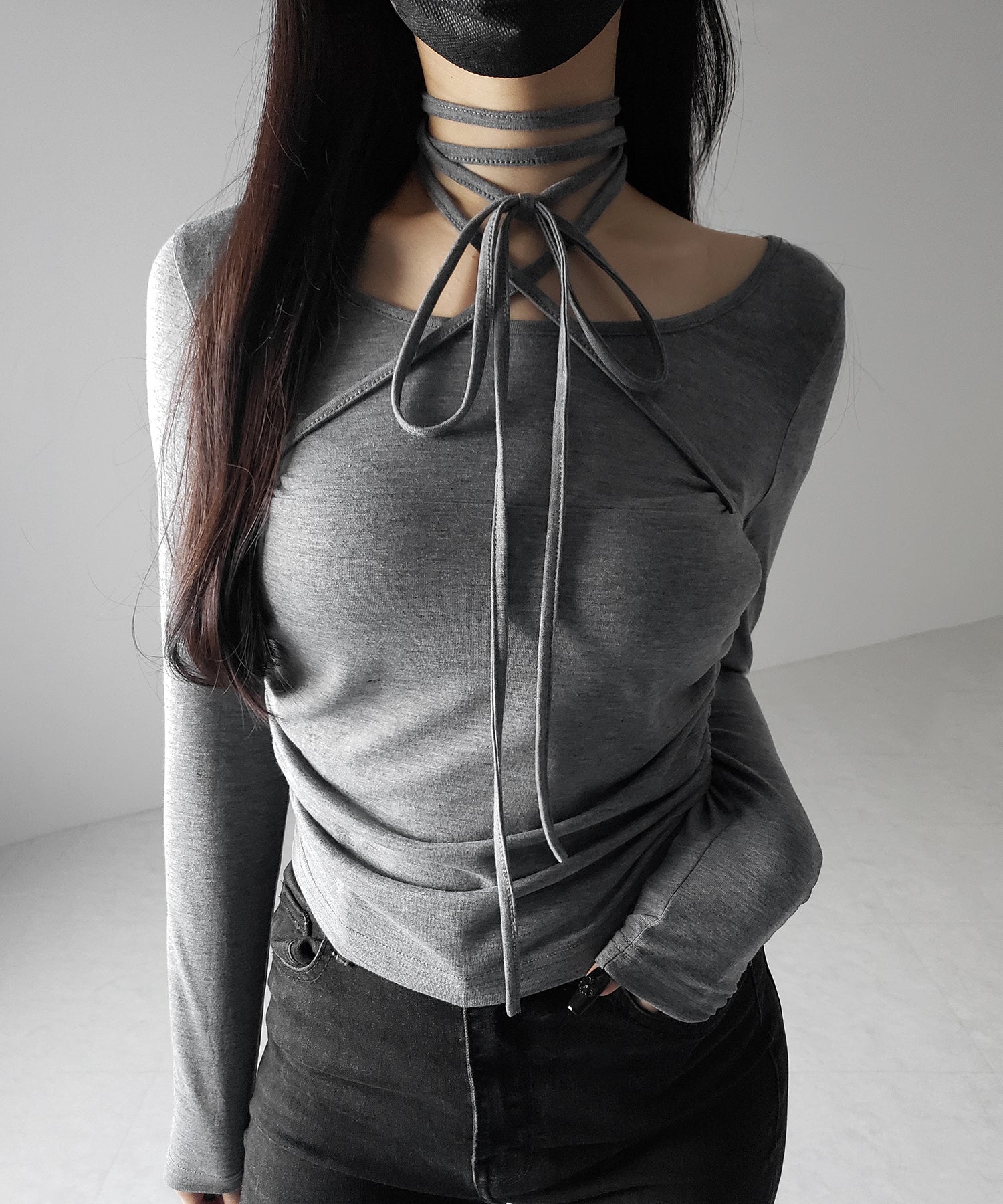【 ３color 】クロスストラップロングチョーカーリボントップス ／ cross strap long choker ribbon tops