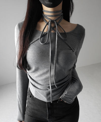 【 ３color 】クロスストラップロングチョーカーリボントップス ／ cross strap long choker ribbon tops