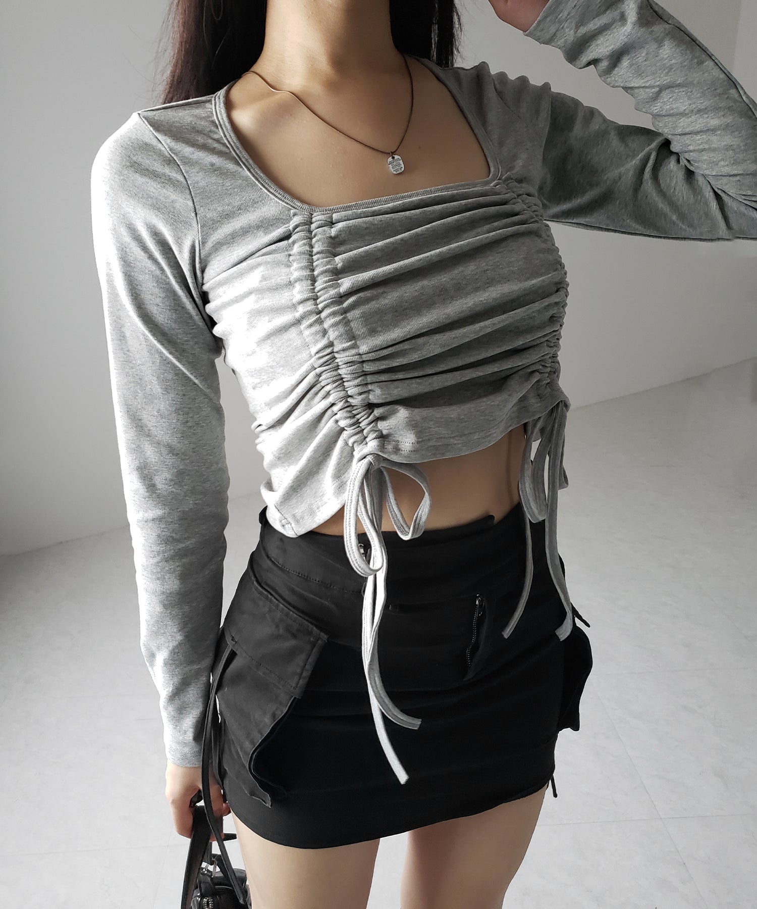 【 ３color 】 ダブルシャーリングリボンスクエアネックトップス ／ double shirring ribbon square neck tops