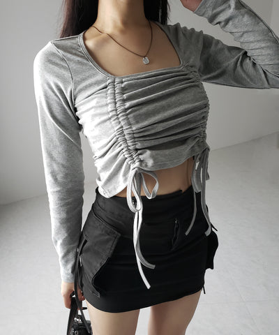 【 ３color 】 ダブルシャーリングリボンスクエアネックトップス ／ double shirring ribbon square neck tops