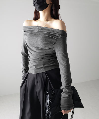 【 ３color 】タックデザインドレープオフショルダートップス