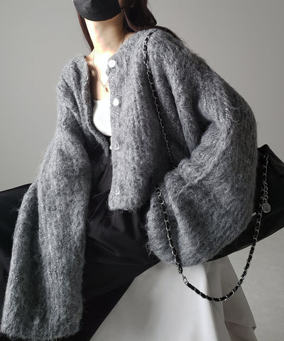 ボリュームワイドスリーブショートシャギーニットカーディガン ／ volume wide sleeve short shaggy knit cardigan