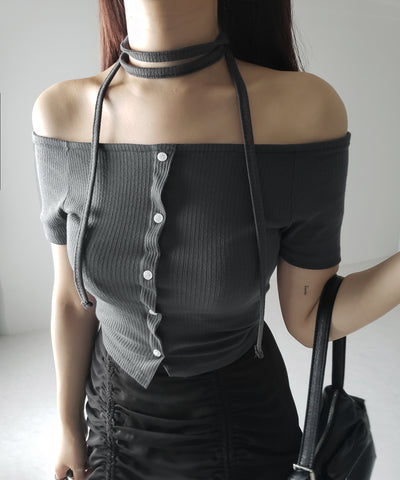 【 ２WAY 】ストラップリボンオフショルダーリブトップス ／ strap ribbon off shoulder rib tops