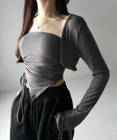 【 ２点セット 】シャーリングリボンベアトップス ＆ ショートカーディガン SET ／ shirring ribbon bare tops & short cardigan SET
