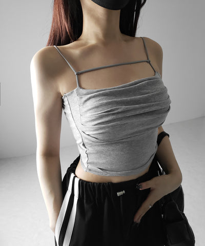 【 カップ付き／２WAY 】ラインストラップタックショートキャミソール ／ line strap tuck short camisole