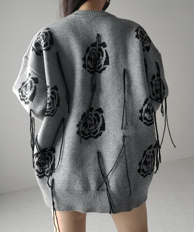 バラジャガードフリンジビッグシルエットニット ／ rose jacquard fringe big silhouette knit