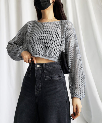 【 ７color 】ショート丈メッシュクロシェ透かし編みニット