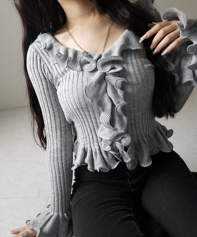 シアーフリル長袖リブニットカーディガン ／ sheer frill long-sleeve ribbed knit cardigan