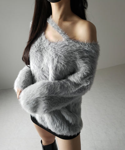 【 ３color 】ナナメストラップカットアウトシャギーニット ／ naname strap cutout shaggy knit