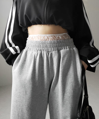 【 ２color 】ウエストレースドッキングワイドスウェットパンツ／ waist lace docking wide sweat pants
