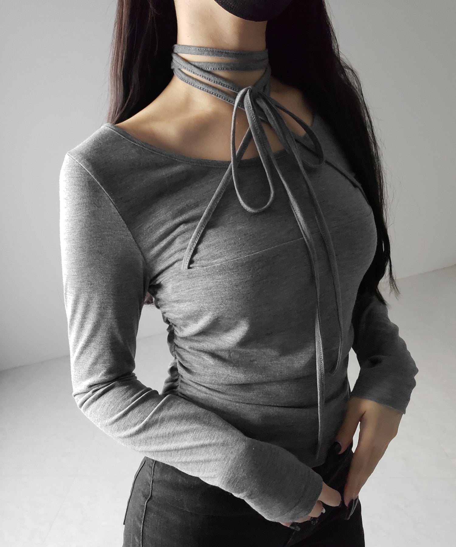 【 ３color 】クロスストラップロングチョーカーリボントップス ／ cross strap long choker ribbon tops