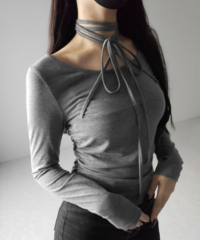 【 ３color 】クロスストラップロングチョーカーリボントップス ／ cross strap long choker ribbon tops
